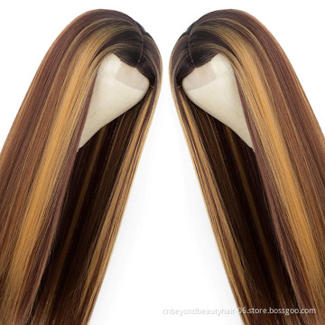 Highlights Blonde Wig Synthetic Long Straight Hair Middle Part Heat Resistant Full Cheap Synthetic Hair Wig With Lace Front